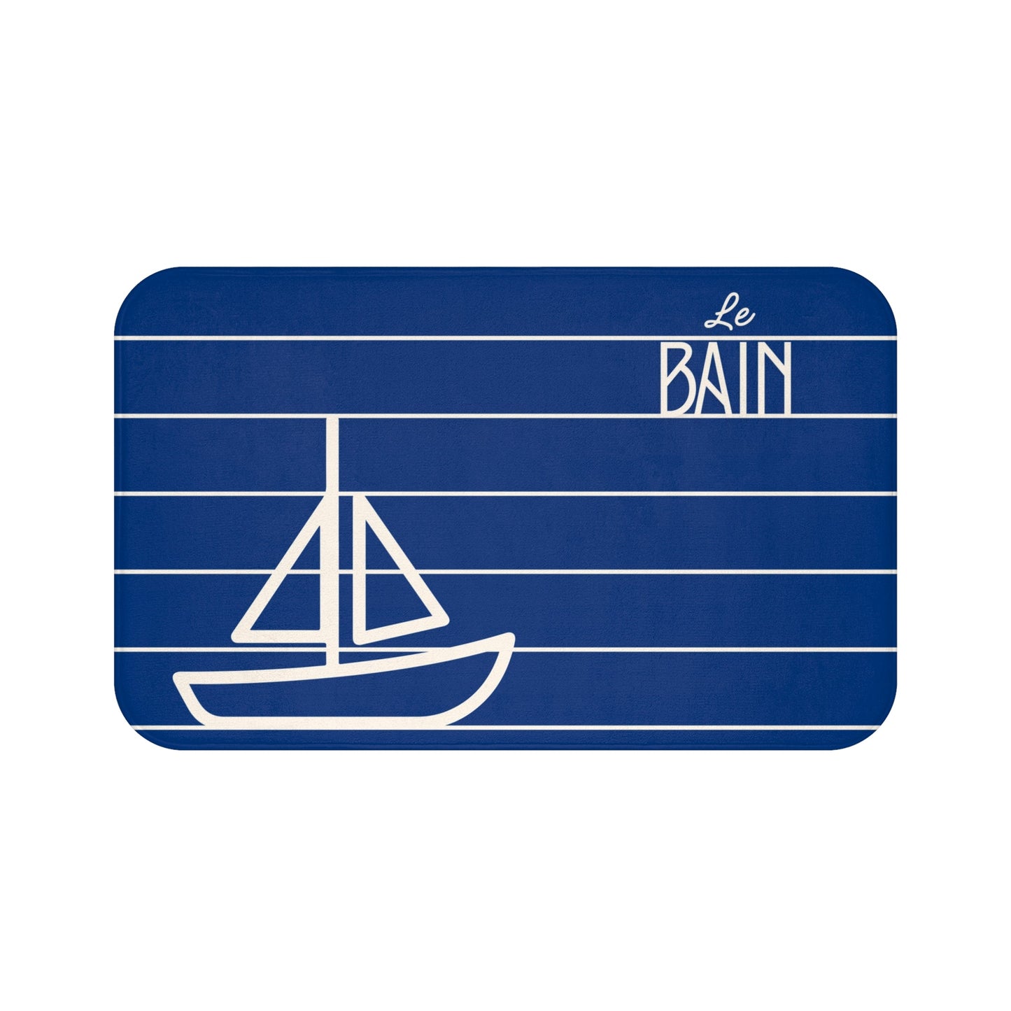 Nautical Blue “Le Bain” Bath Mat — Striped Kid's Sailboat Bathroom Rug