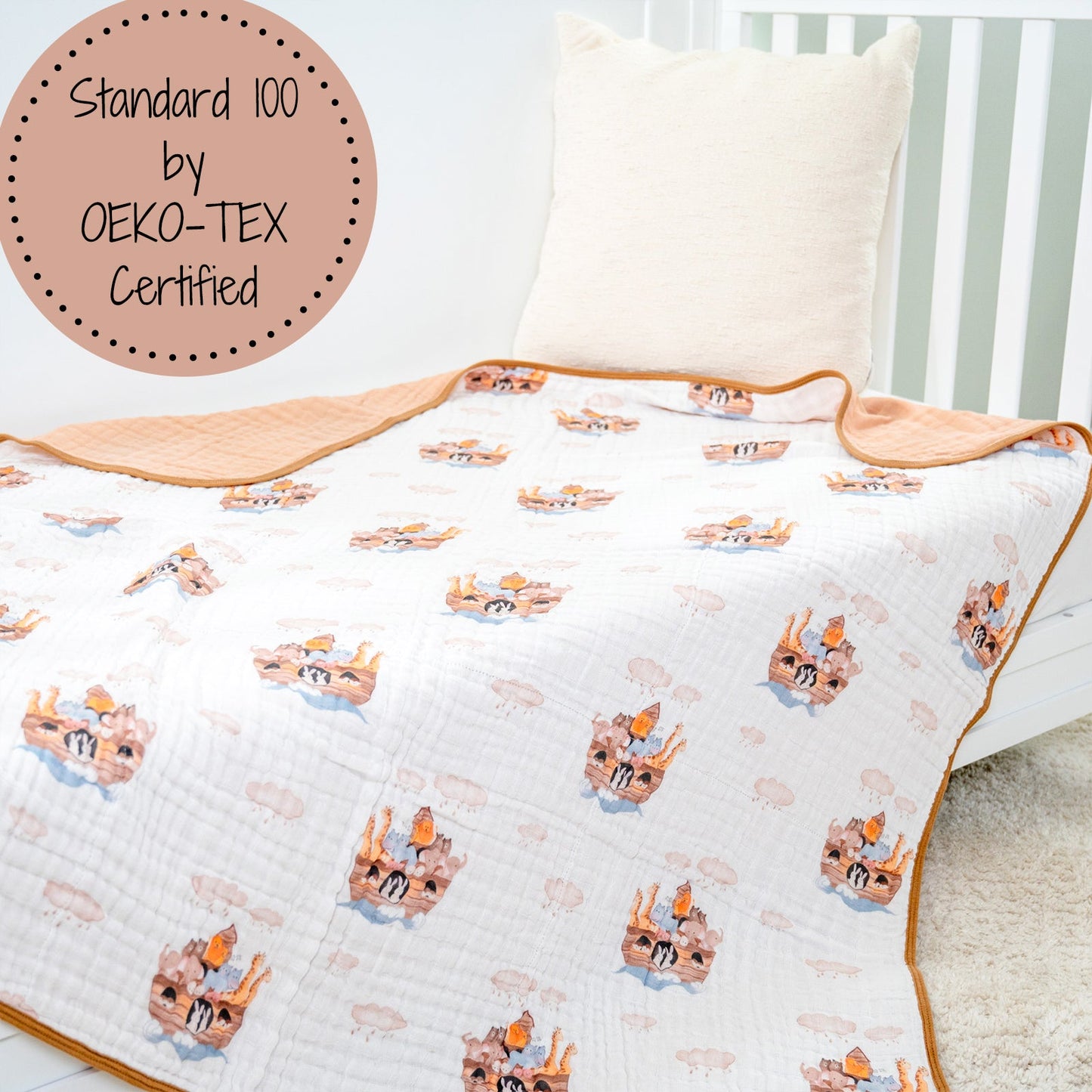 LollyBanks Muslin Baby Blanket, 100% Cotton Lightweight Baby Quilt, 47"x 47" and 6 Layers Newborn Blanket, (Noah's Ark Pattern)