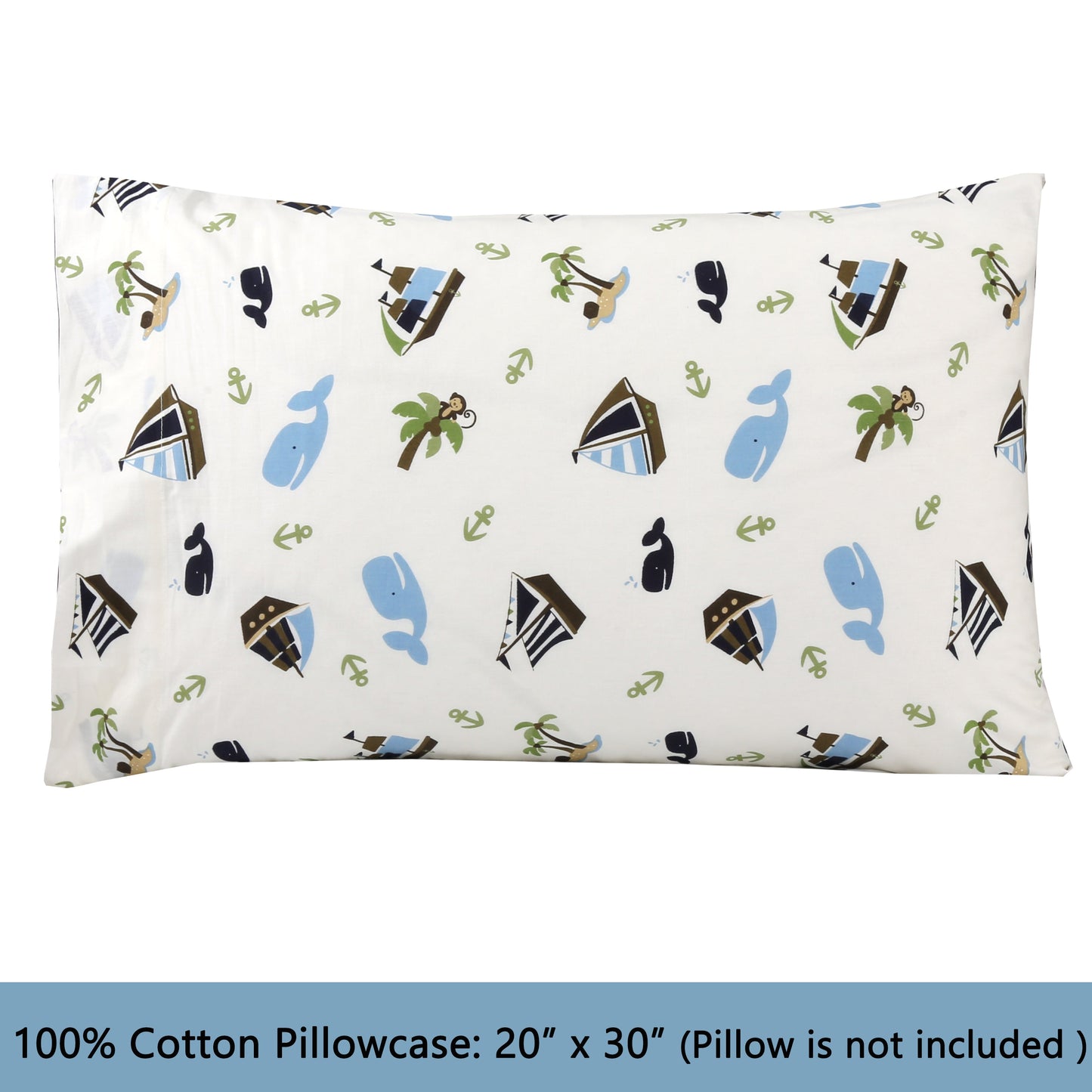 3-Piece Crib/Toddler Cotton Sheet Set White Blue Ocean  Whale Ships Sail Monkey Island