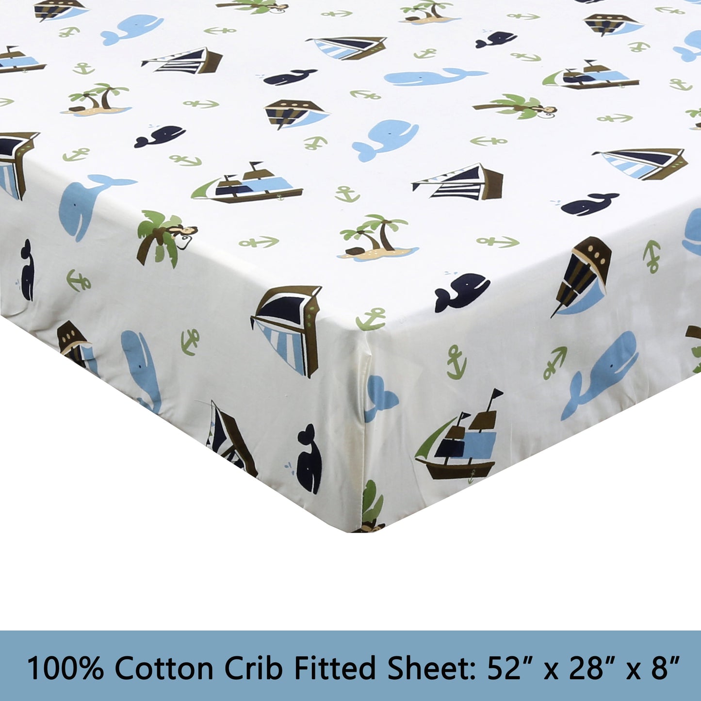 3-Piece Crib/Toddler Cotton Sheet Set White Blue Ocean  Whale Ships Sail Monkey Island