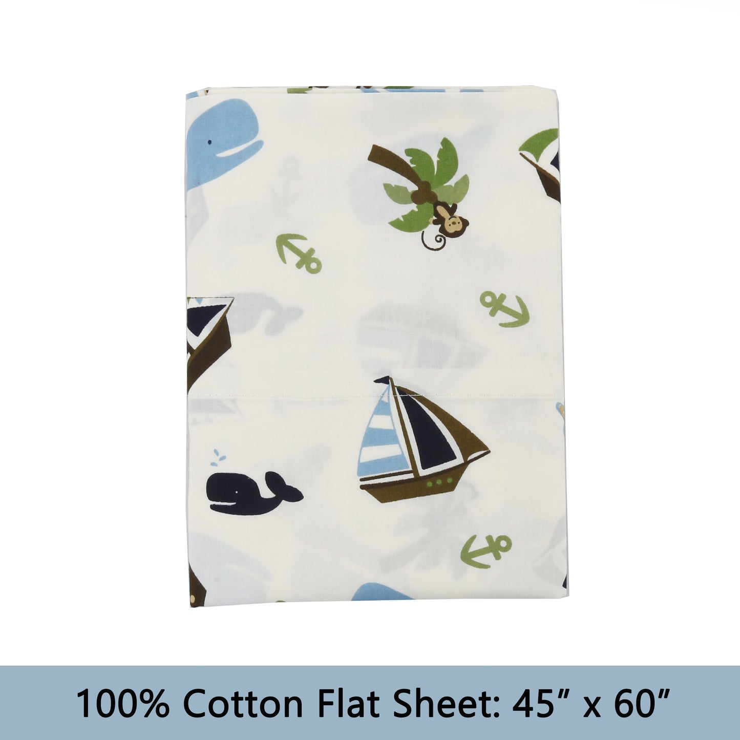 3-Piece Crib/Toddler Cotton Sheet Set White Blue Ocean  Whale Ships Sail Monkey Island