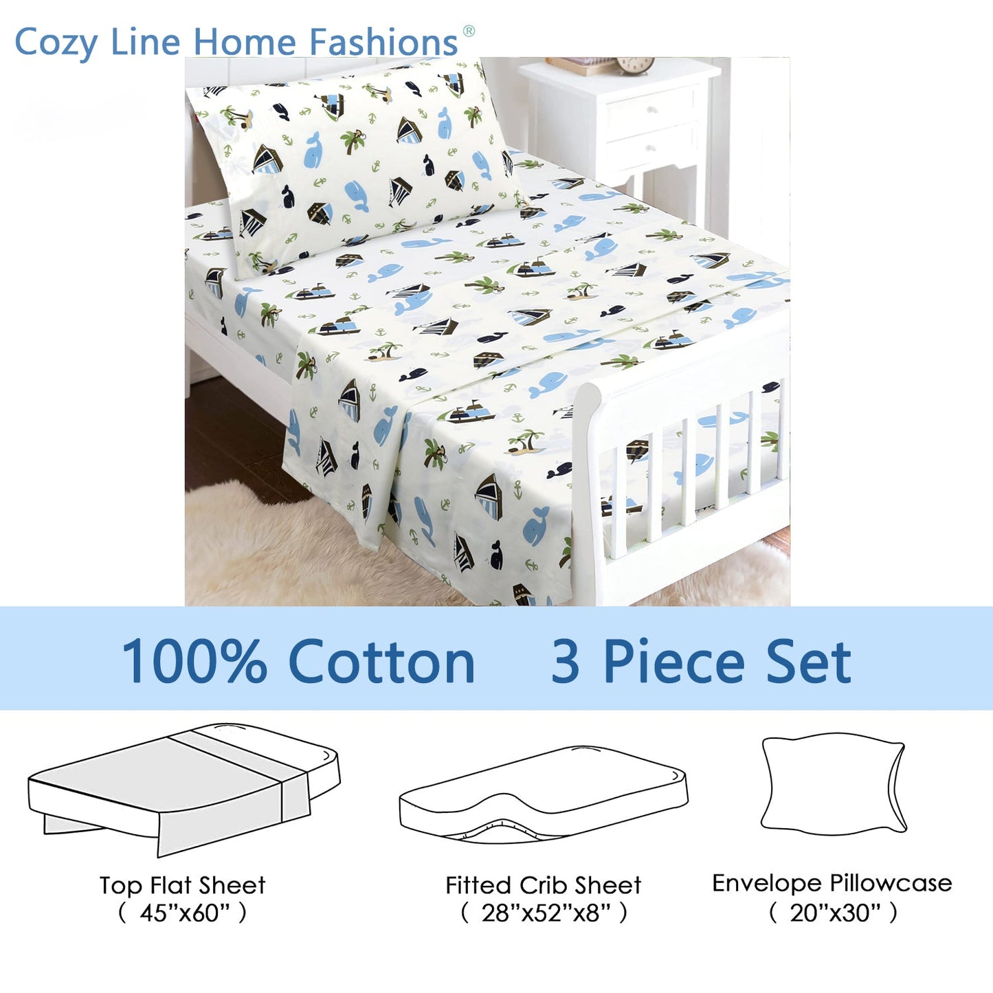 3-Piece Crib/Toddler Cotton Sheet Set White Blue Ocean  Whale Ships Sail Monkey Island