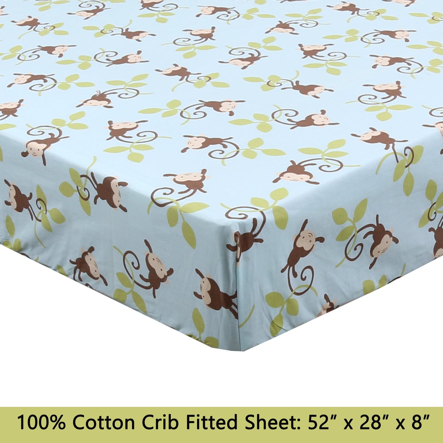 3-Piece Crib/Toddler Cotton Sheet Set Blue Jungle Monkey Tails Swing