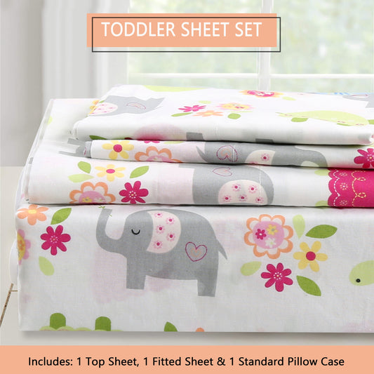 3-Piece Crib/Toddler Cotton Sheet Set White Pink Grey Sweet Floral Friends Baby Elephant Turtle