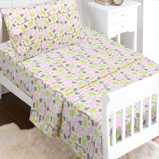 3-Piece Crib/Toddler Cotton Sheet Set Pink Jungle Zoo Animal Friends Giraffe Monkey Elephant Zebra Bird