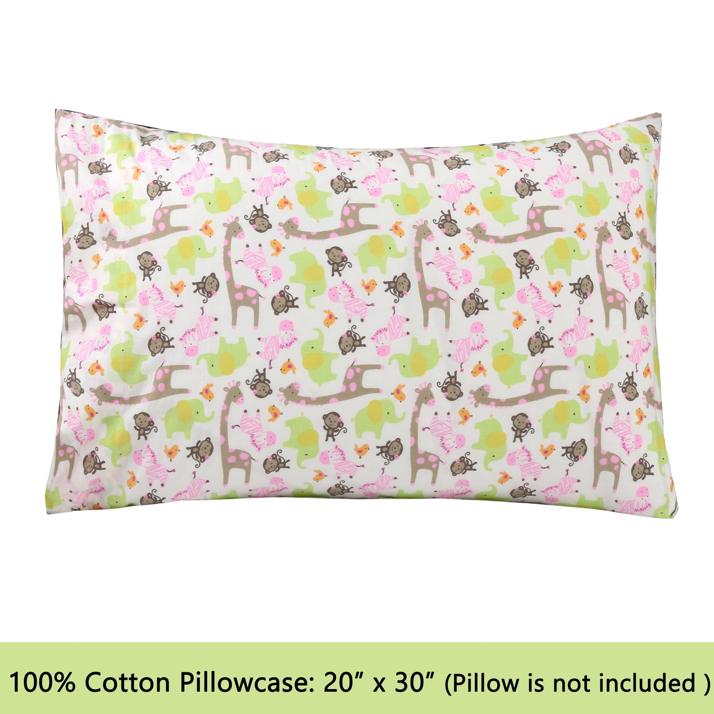 3-Piece Crib/Toddler Cotton Sheet Set Pink Jungle Zoo Animal Friends Giraffe Monkey Elephant Zebra Bird