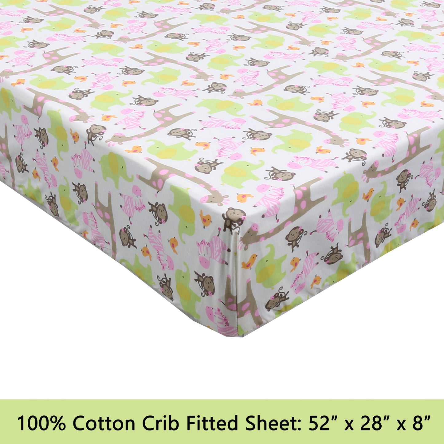 3-Piece Crib/Toddler Cotton Sheet Set Pink Jungle Zoo Animal Friends Giraffe Monkey Elephant Zebra Bird