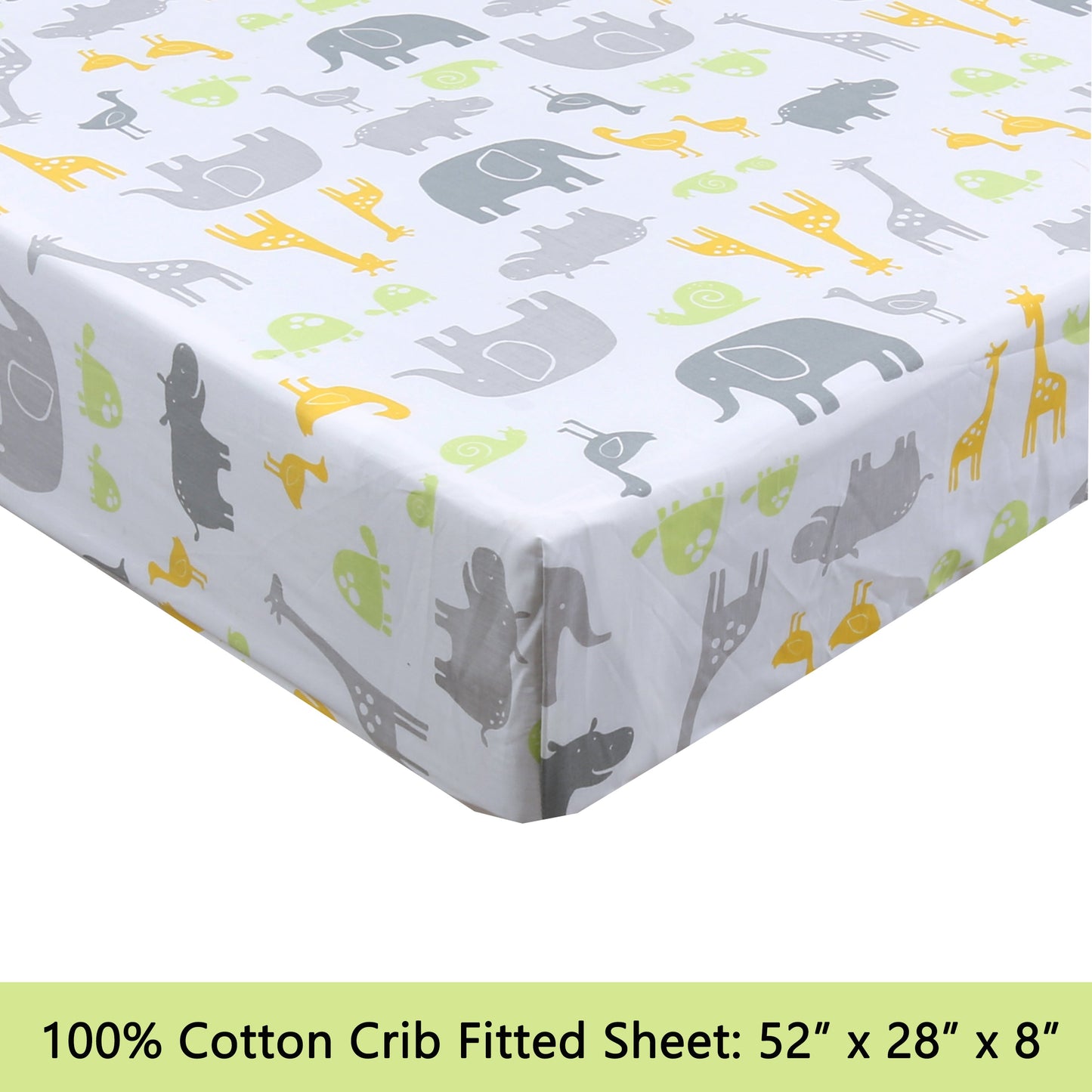 3-Piece Crib/Toddler Cotton Sheet Set Grey Yellow Safari Fun Animals Elephant Giraffe Hippo