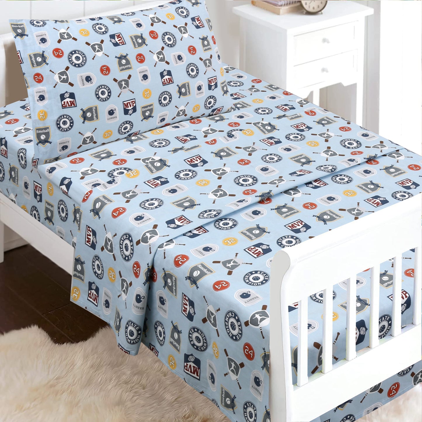 3-Piece Crib/Toddler Cotton Sheet Set Blue MVP Sports #32 #24 Basketball Baseball Football