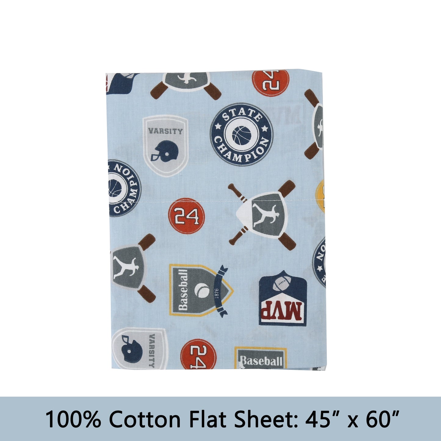3-Piece Crib/Toddler Cotton Sheet Set Blue MVP Sports #32 #24 Basketball Baseball Football