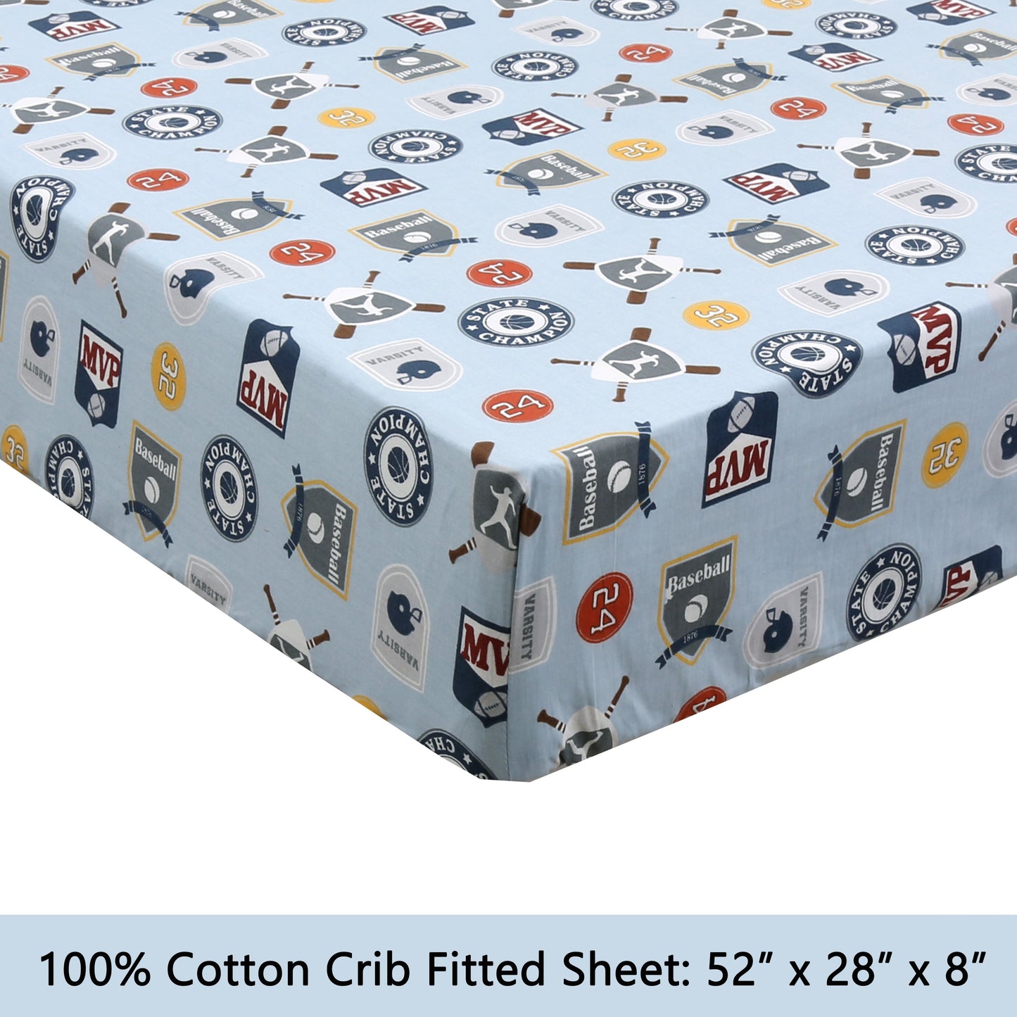 3-Piece Crib/Toddler Cotton Sheet Set Blue MVP Sports #32 #24 Basketball Baseball Football