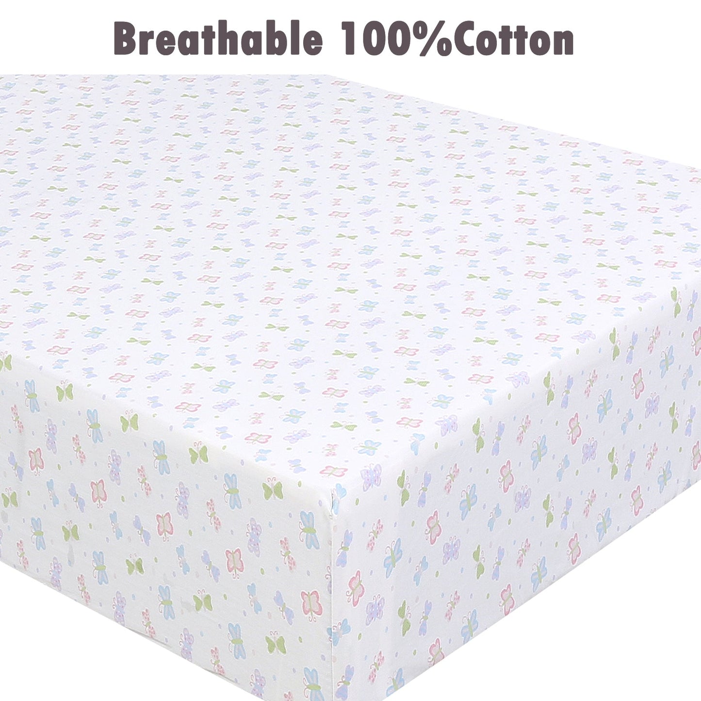 3 Piece Crib/Toddler Cotton Fitted Sheets Pastel Pink Purple Butterfly Floral Blossoms