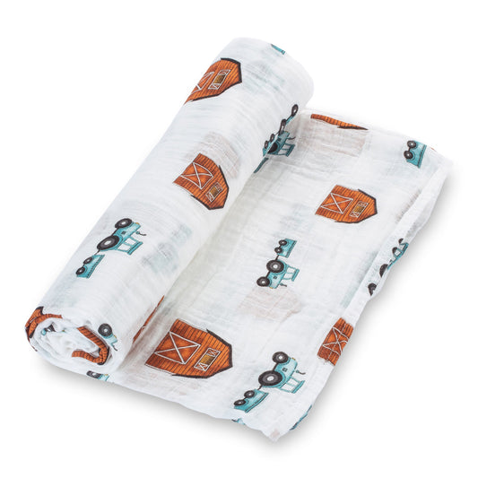 How We Roll Farm Theme Muslin Swaddle Blanket