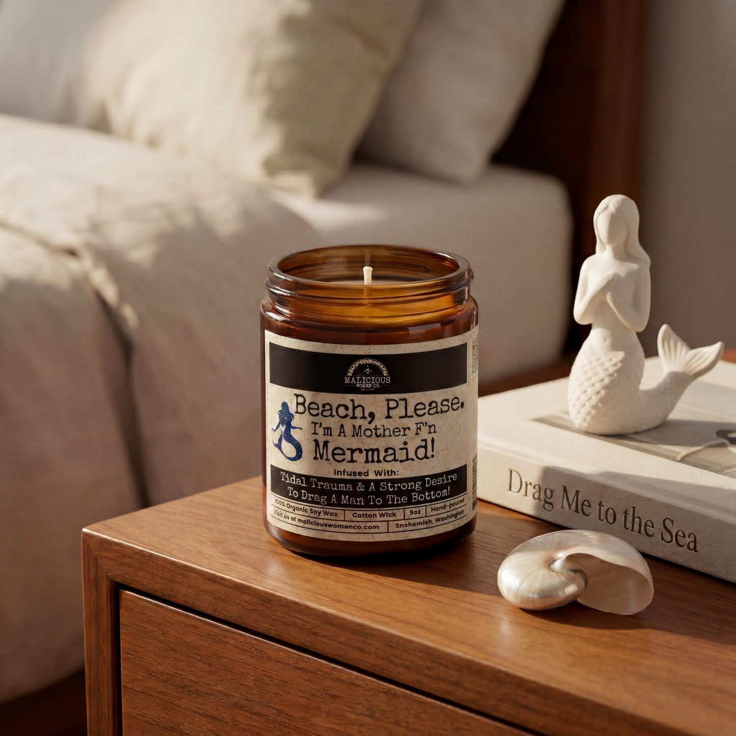 Beach Please! I'm A MotherF'n Mermaid | Scent: Grapefruit Negroni | 9oz Funny Candle | Malicious Women Co