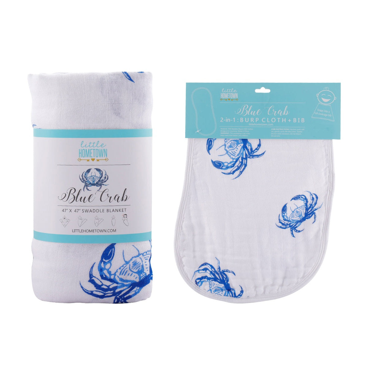 Blue Crab Newborn Gift Set: Muslin Swaddle & Bib | Organic Cotton