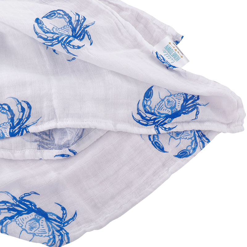 Blue Crab Newborn Gift Set: Muslin Swaddle & Bib | Organic Cotton