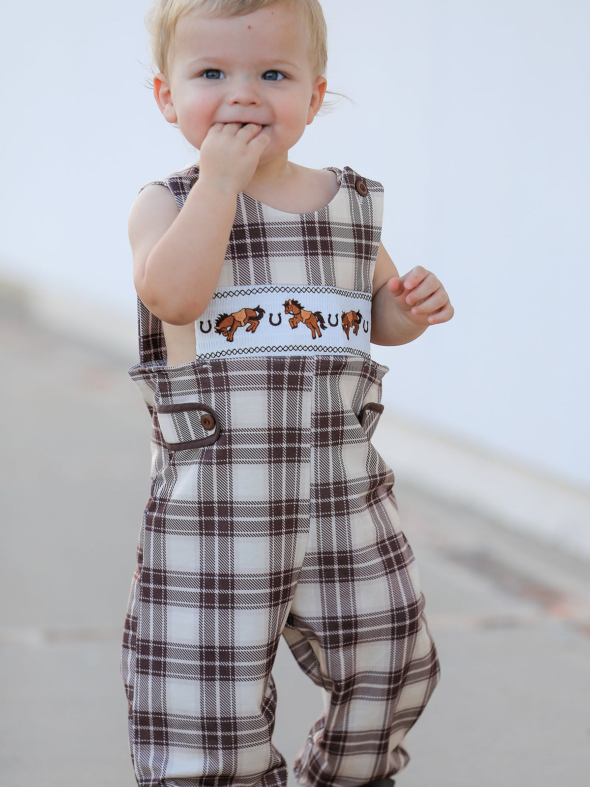 Western Horse Embroidered Smocked Plaid Baby Boy Romper