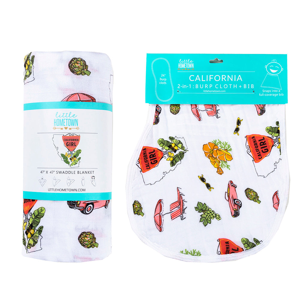 California Girl Baby Gift Set: Muslin Swaddle & Bib | Organic Cotton