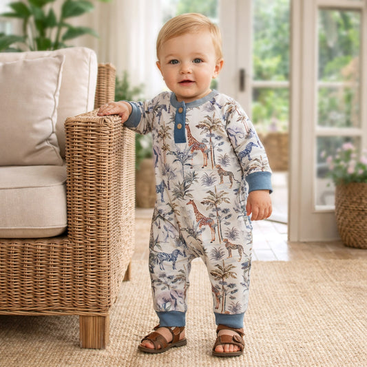Jungle Safari Bamboo Henley Romper for Baby Boys