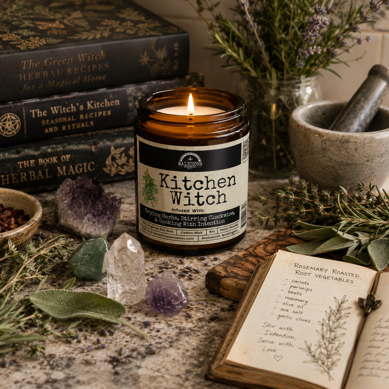 Kitchen Witch | Scent: Tomato & Basil | 9oz Witch Candle | Malicious Women Co