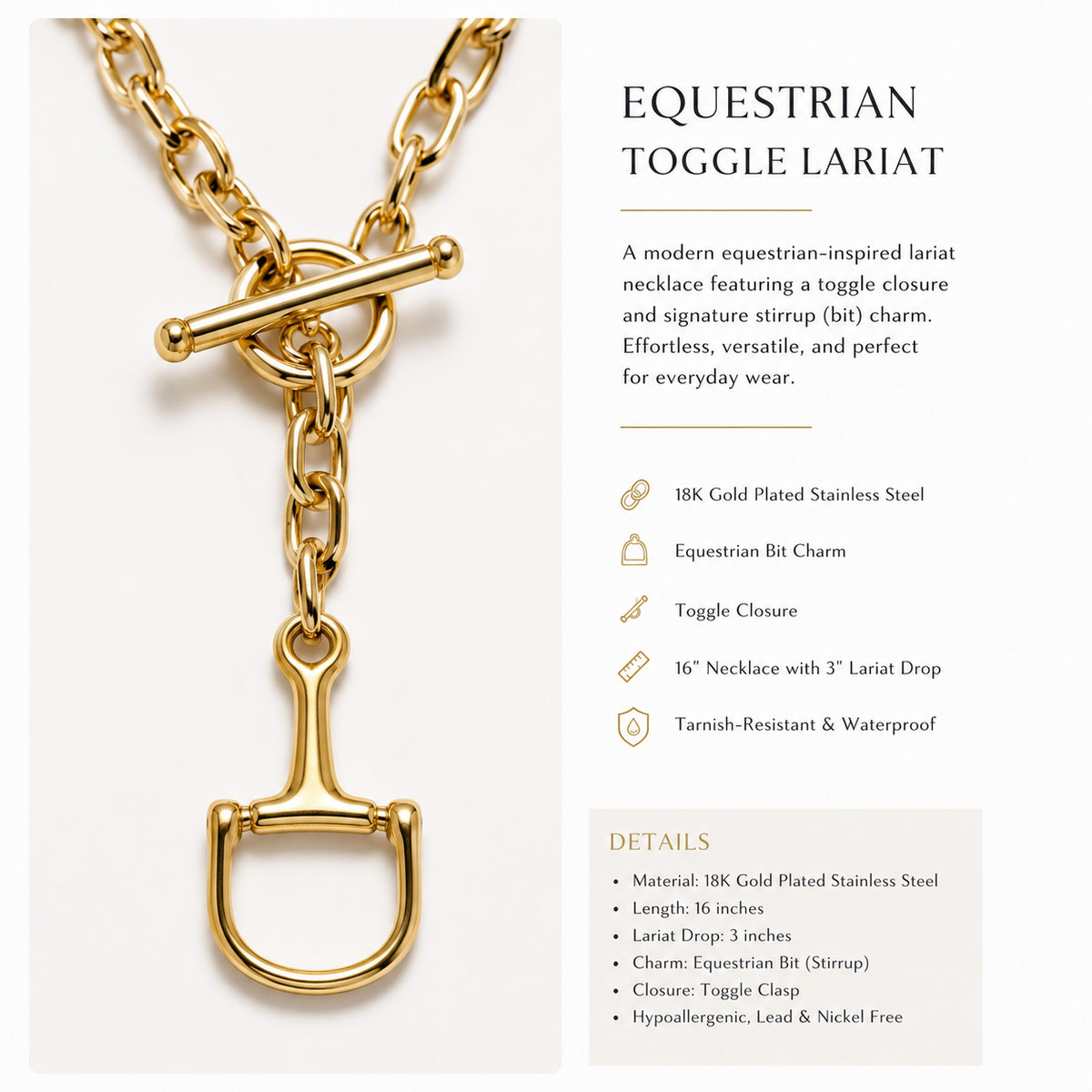 Equestrian Toggle Lariat Necklace 18k Gold Plated