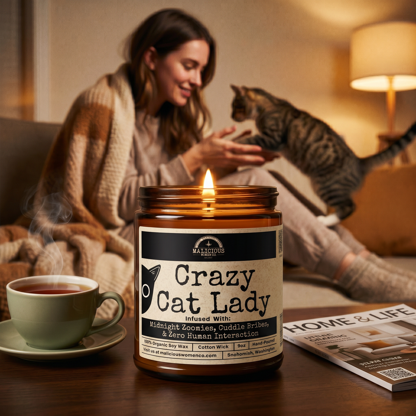 Crazy Cat Lady | Scent: Apricot Freesia | 9oz Funny Candle | Malicious Women Co