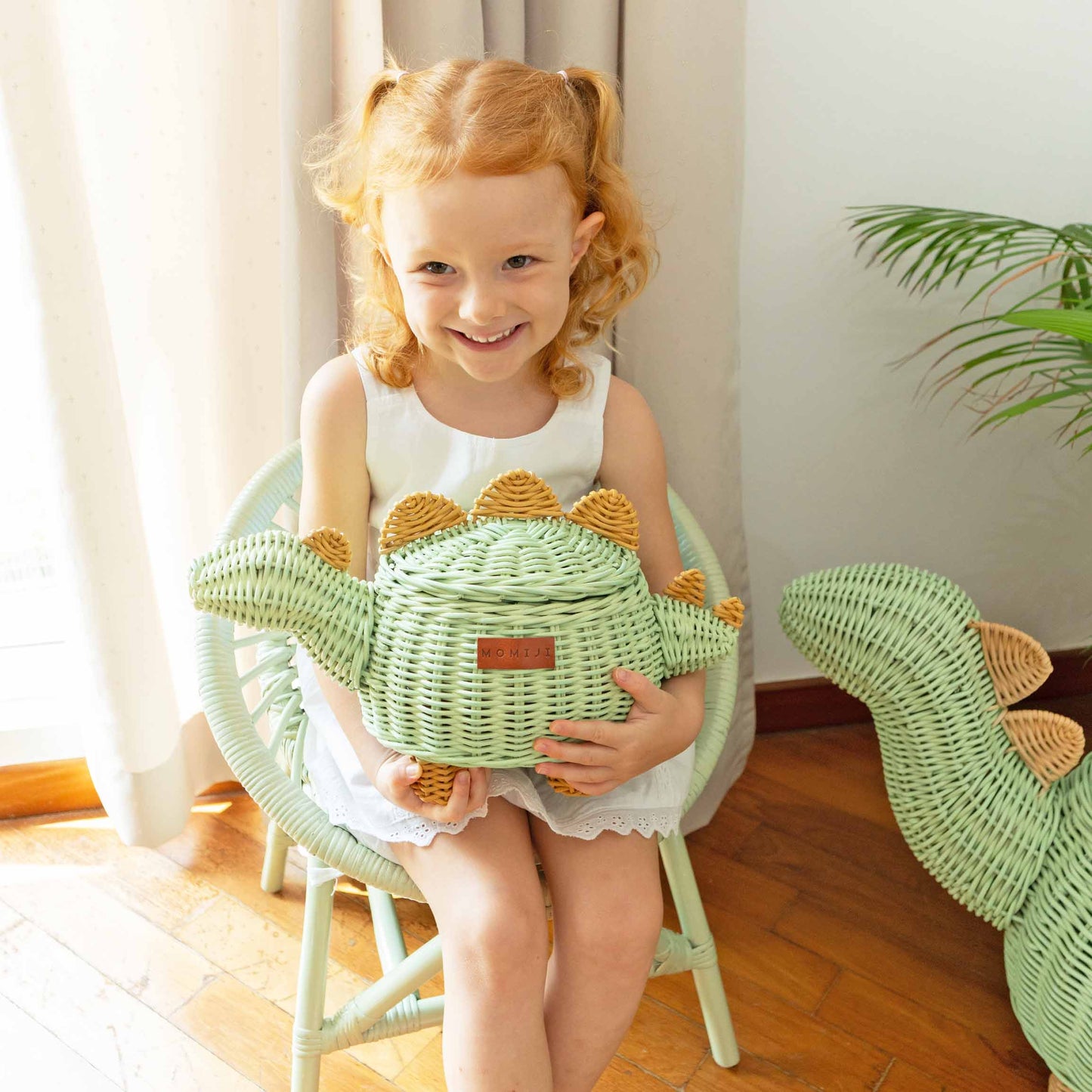 Dinosaur Rattan Storage Basket Mint Green - Small
