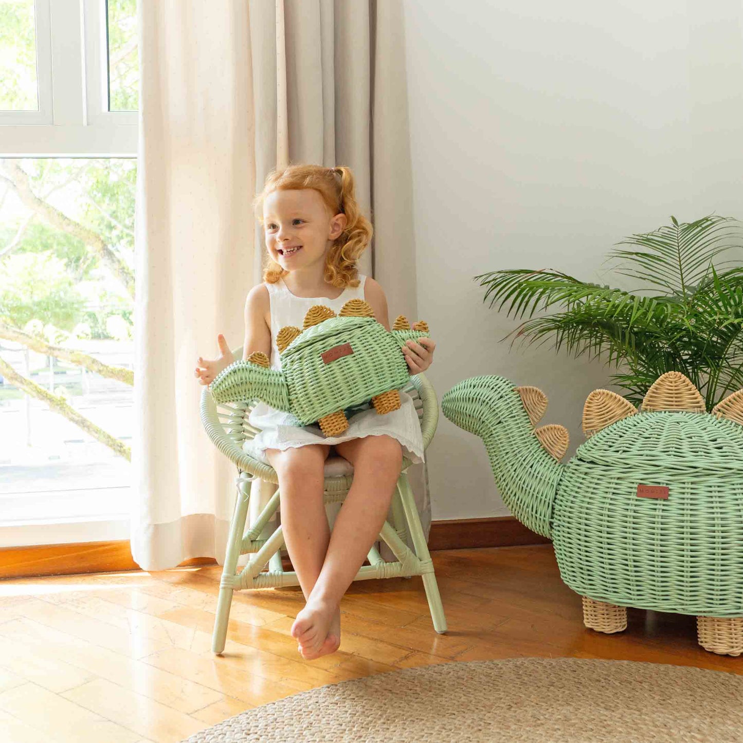 Dinosaur Rattan Storage Basket Mint Green - Small
