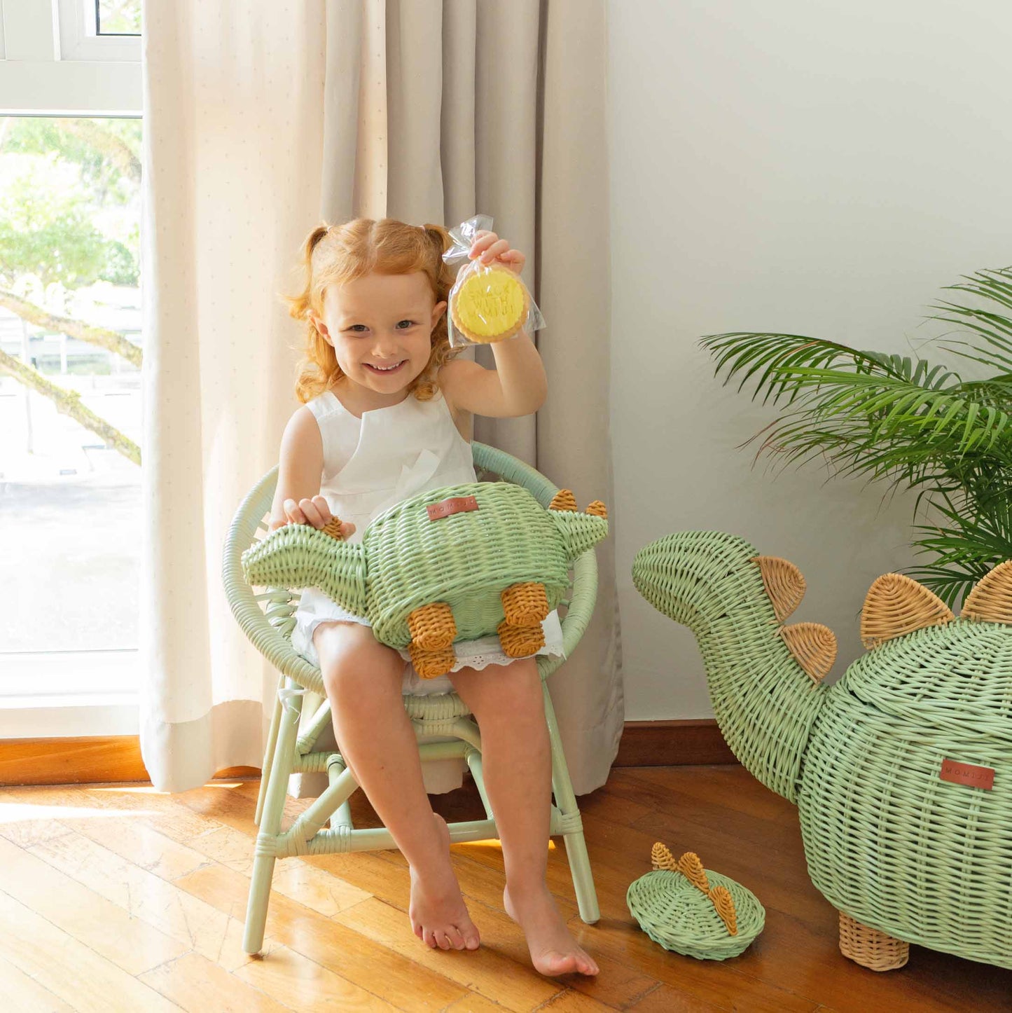 Dinosaur Rattan Storage Basket Mint Green - Small