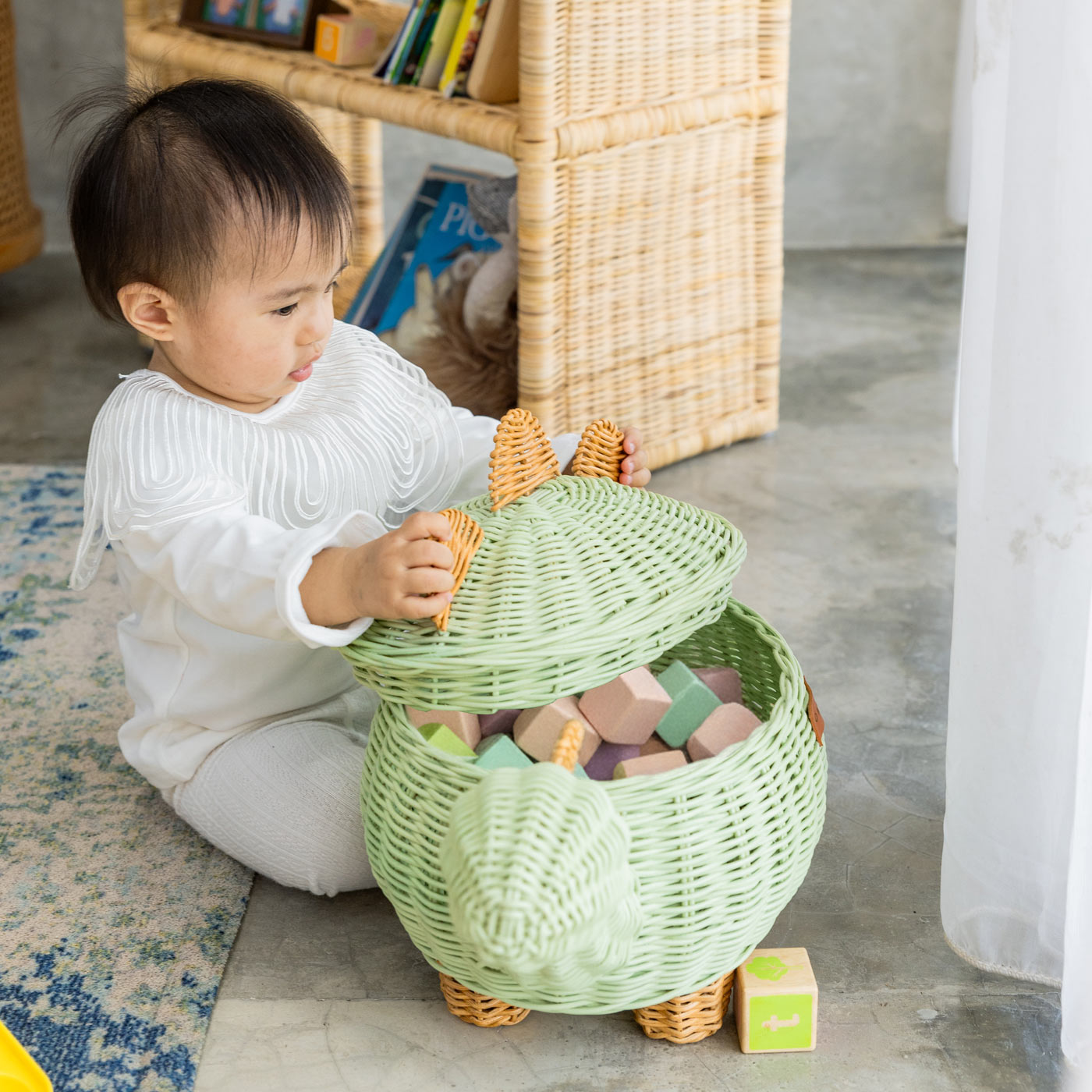 Dinosaur Rattan Storage Basket Mint Green - Medium