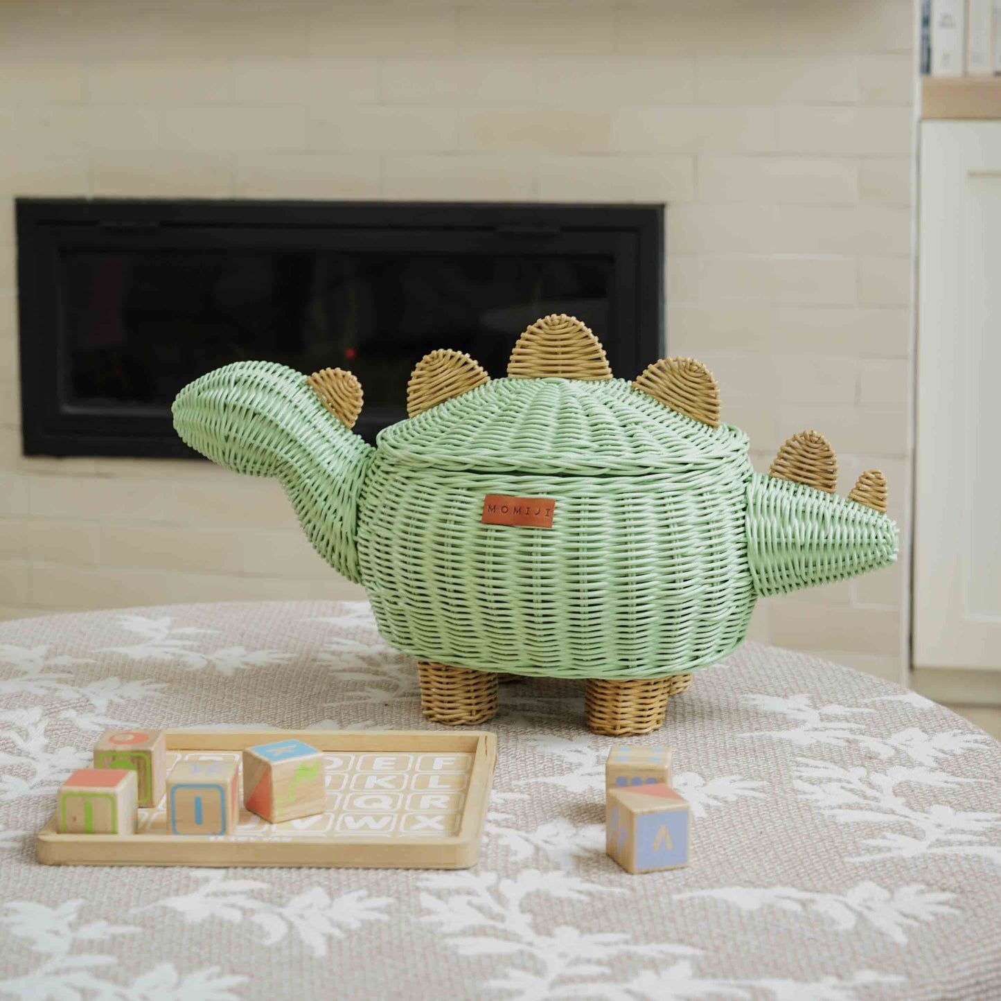 Dinosaur Rattan Storage Basket Mint Green - Medium