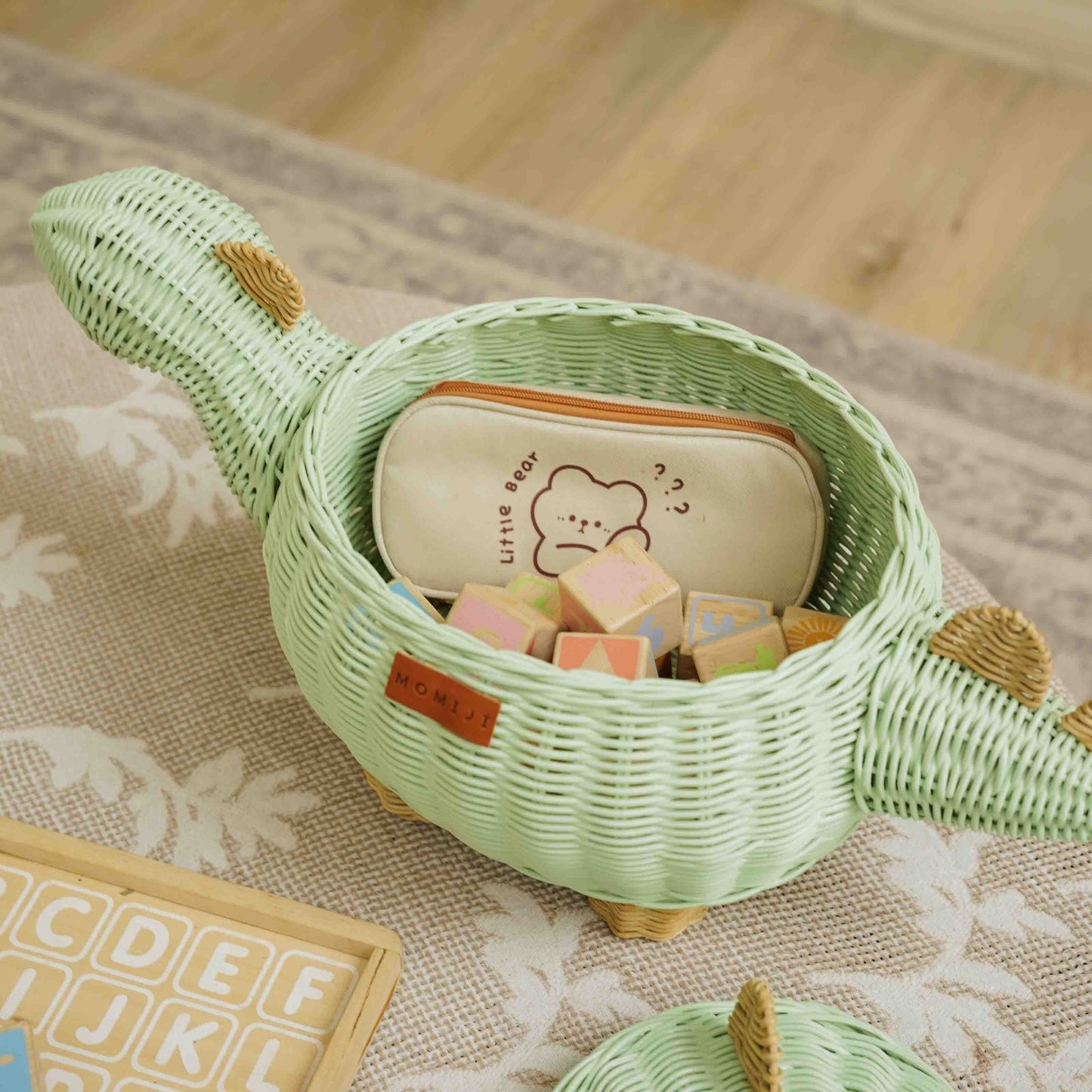 Dinosaur Rattan Storage Basket Mint Green - Medium