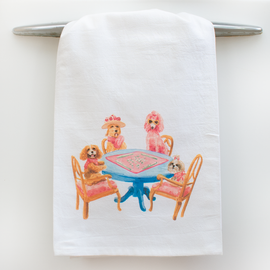 Dogs Playing Mahjong Tea Towel