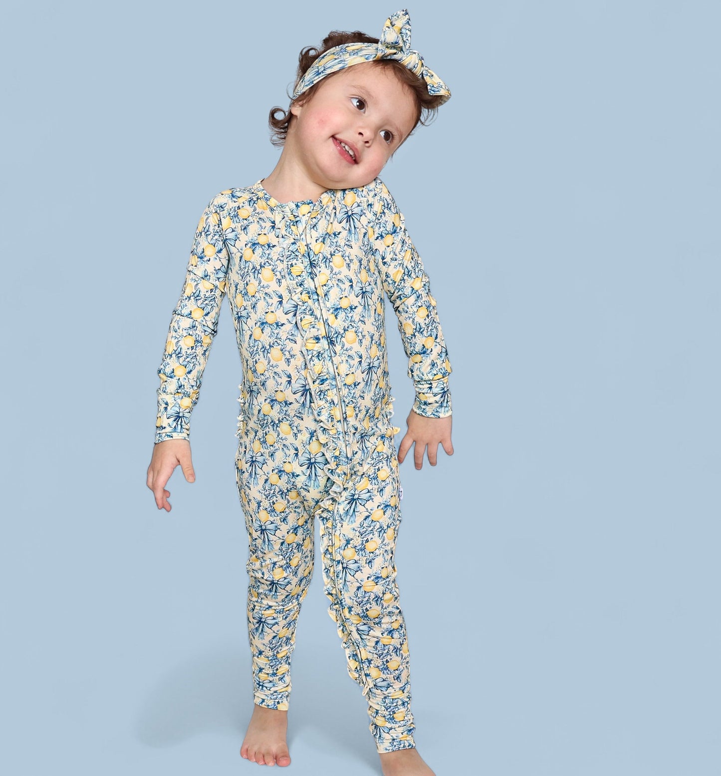 VINTAGE CITRUS TOILE DREAM RUFFLE ROMPER