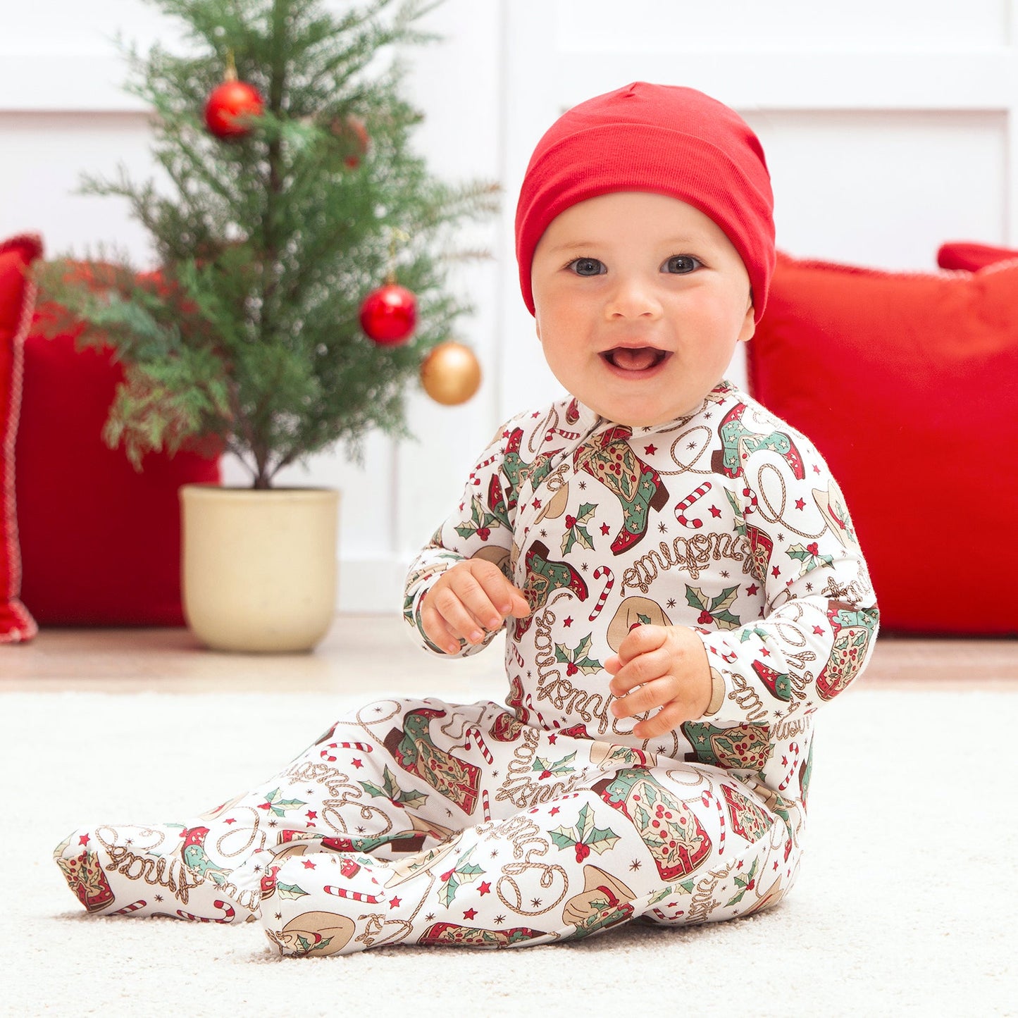 Western Christmas Baby Bamboo Zipper Romper - Cowboy Holiday