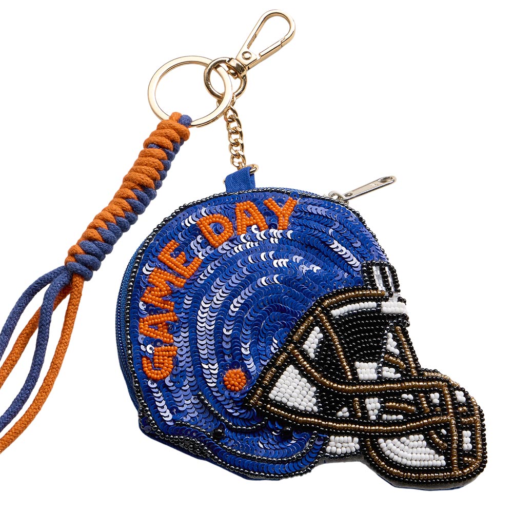 FLORIDA STATE GAME DAY Football Helmet Sequin Seed Beaded Knot Keychain Mini Pouch Bag