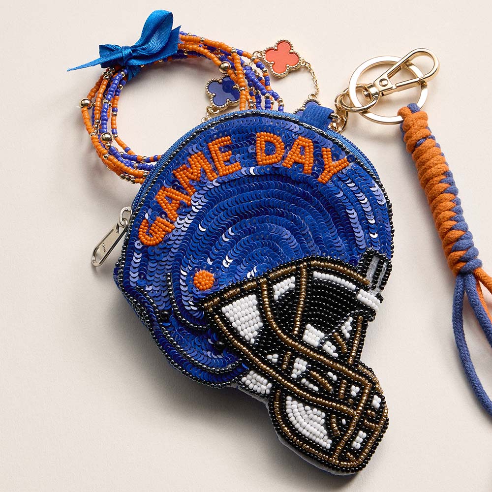 FLORIDA STATE GAME DAY Football Helmet Sequin Seed Beaded Knot Keychain Mini Pouch Bag