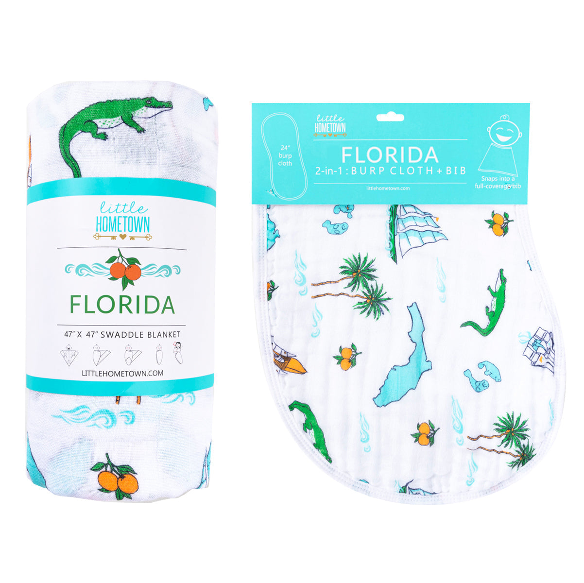 Florida Newborn Gift Set: Muslin Swaddle & Bib | Organic Cotton