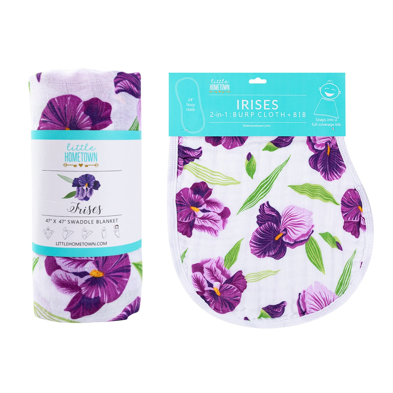 Irises Newborn Gift Set: Muslin Swaddle & Bib | Organic Cotton