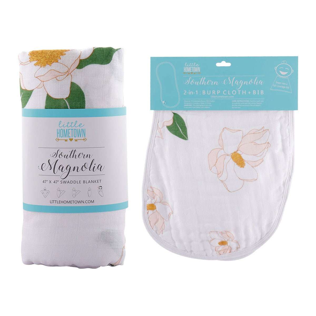 Southern Magnolia Newborn Gift Set: Muslin Swaddle & Bib