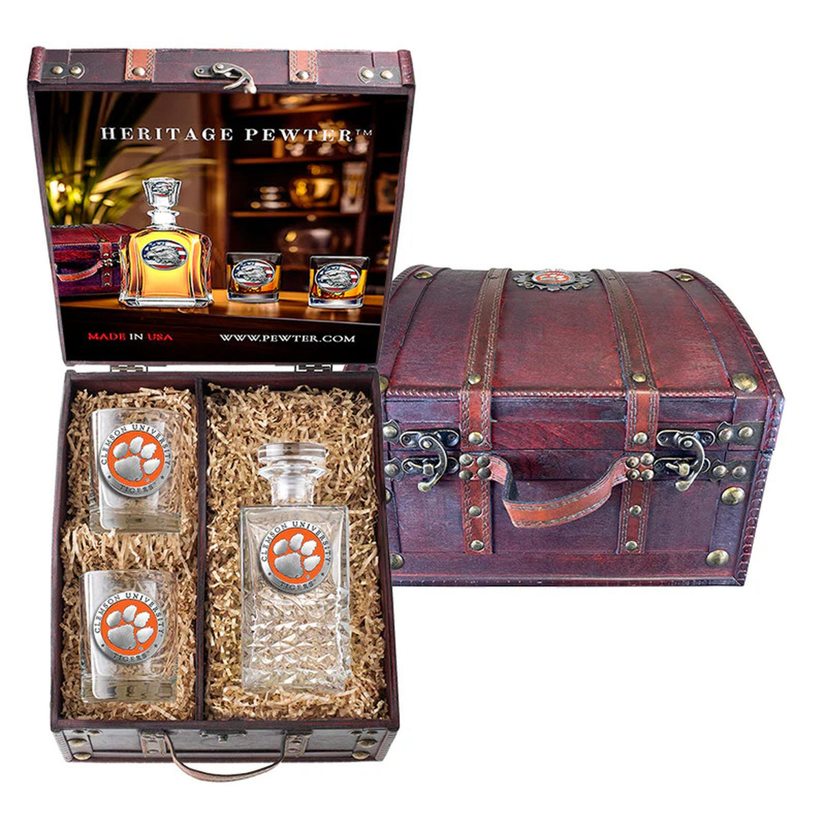 Clemson Tigers Heritage Decanter and 2 Glasses with Chest Box