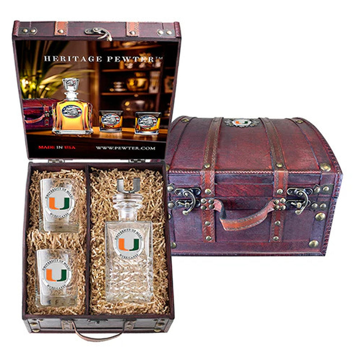 Miami Hurricanes Heritage Decanter with 3D Top and 2 Glasses with Chest Box
