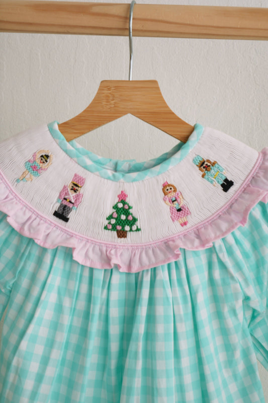 Mint christmas nutcracker hand smocked gingham dress