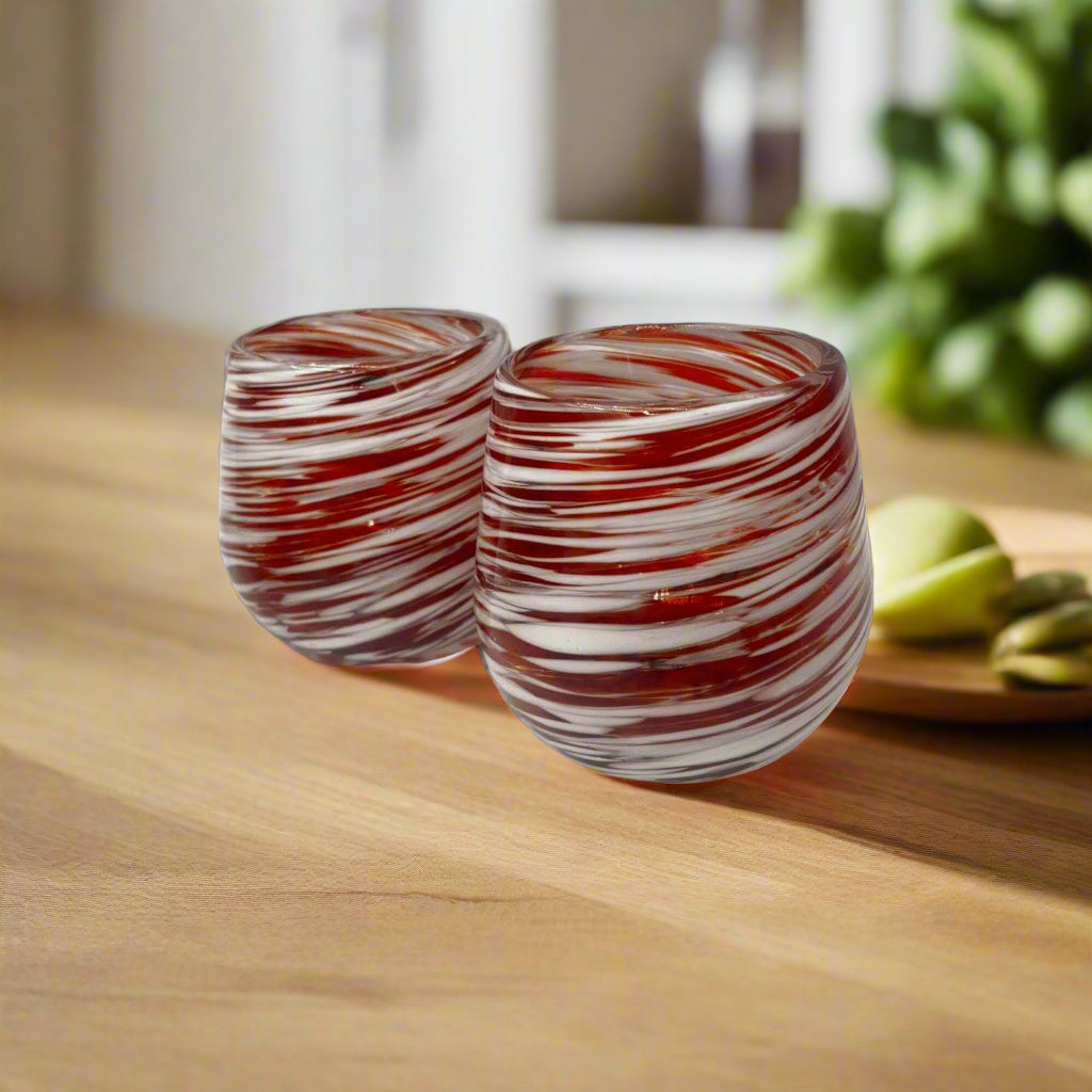 Red Swirl Stemless Wine Glass | Hand-Blown Mexican Glassware