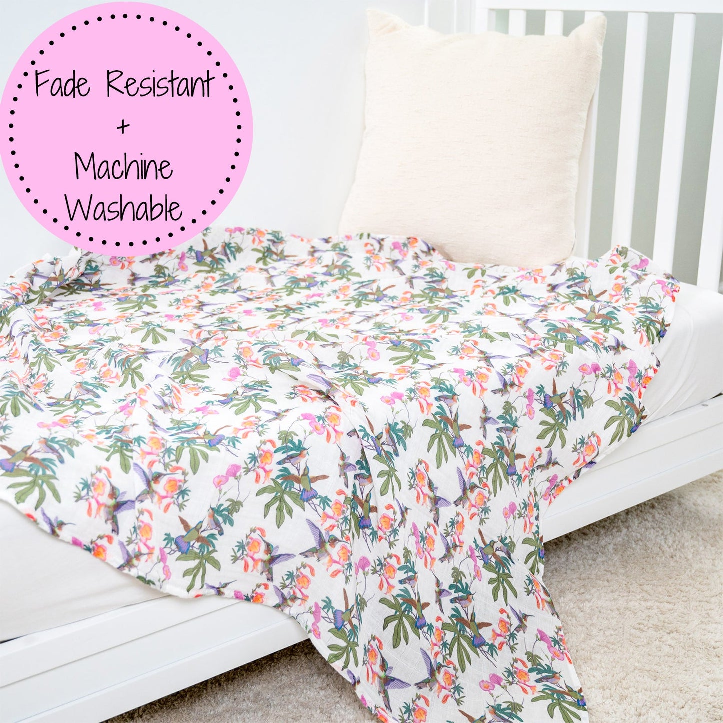 LollyBanks Muslin Swaddle Blankets, 100% Cotton Baby Blanket, 47"x 47" Newborn Swaddle Blanket, (Hummingbird Pattern)