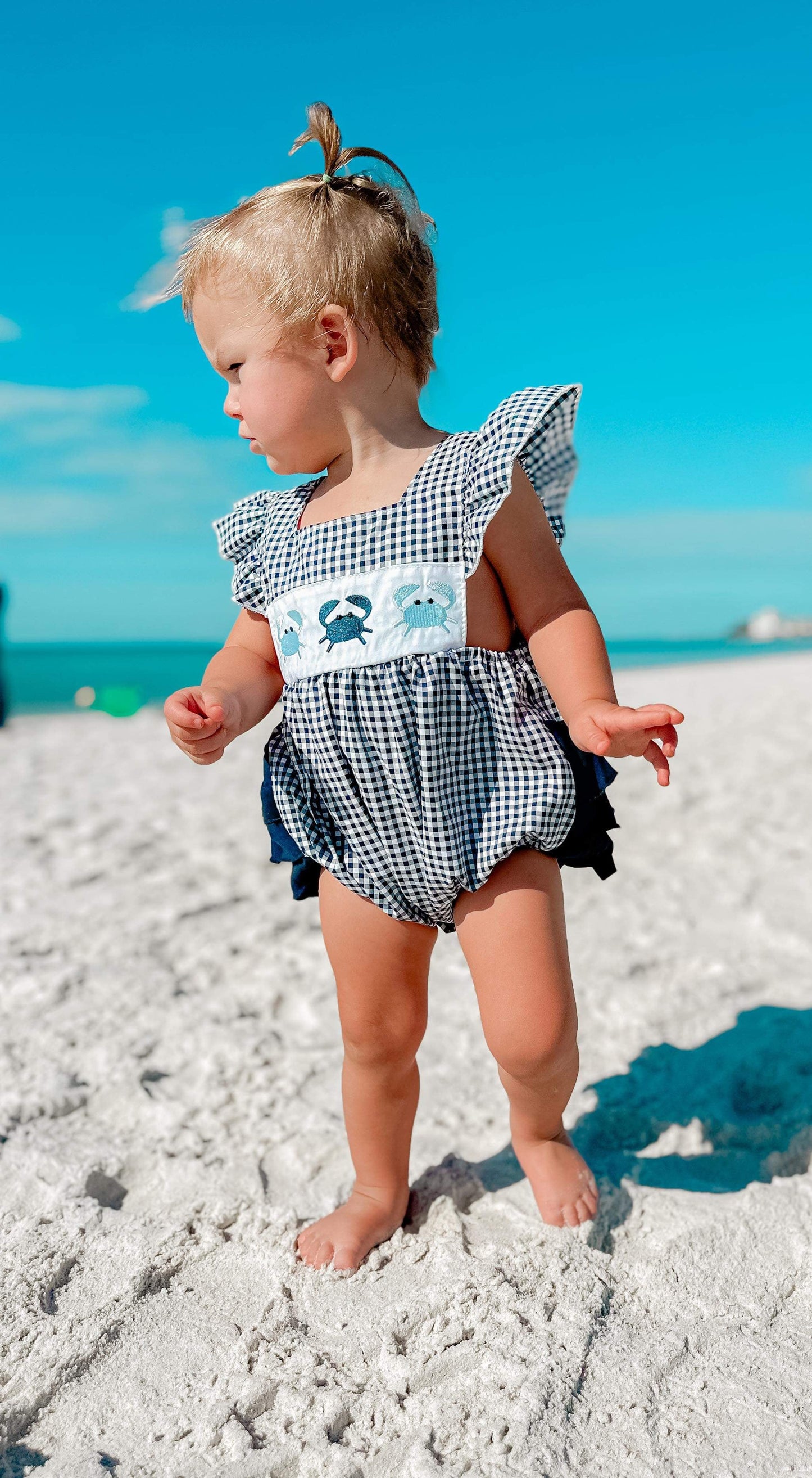 Blue crab beach embroidered romper