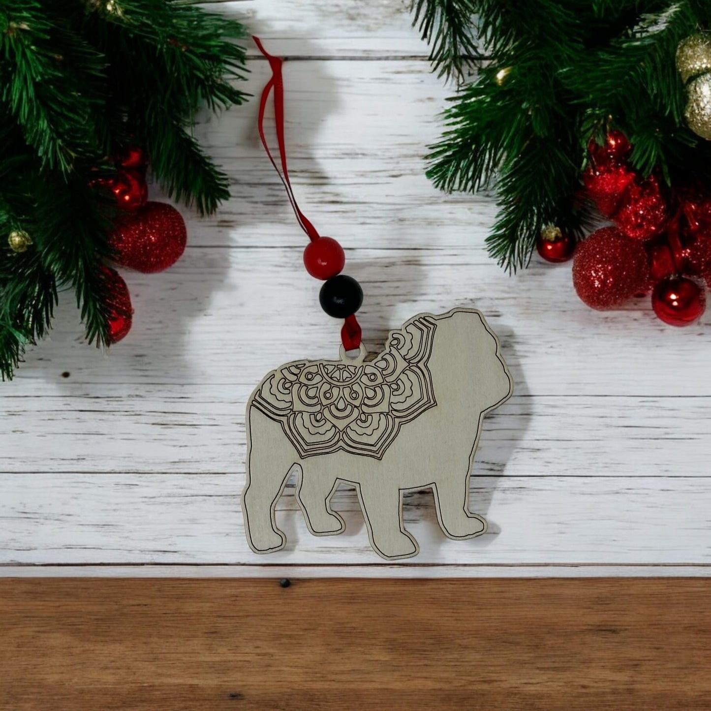 Bulldog Handcrafted Wooden Dog Ornament, Carved Mandala Design