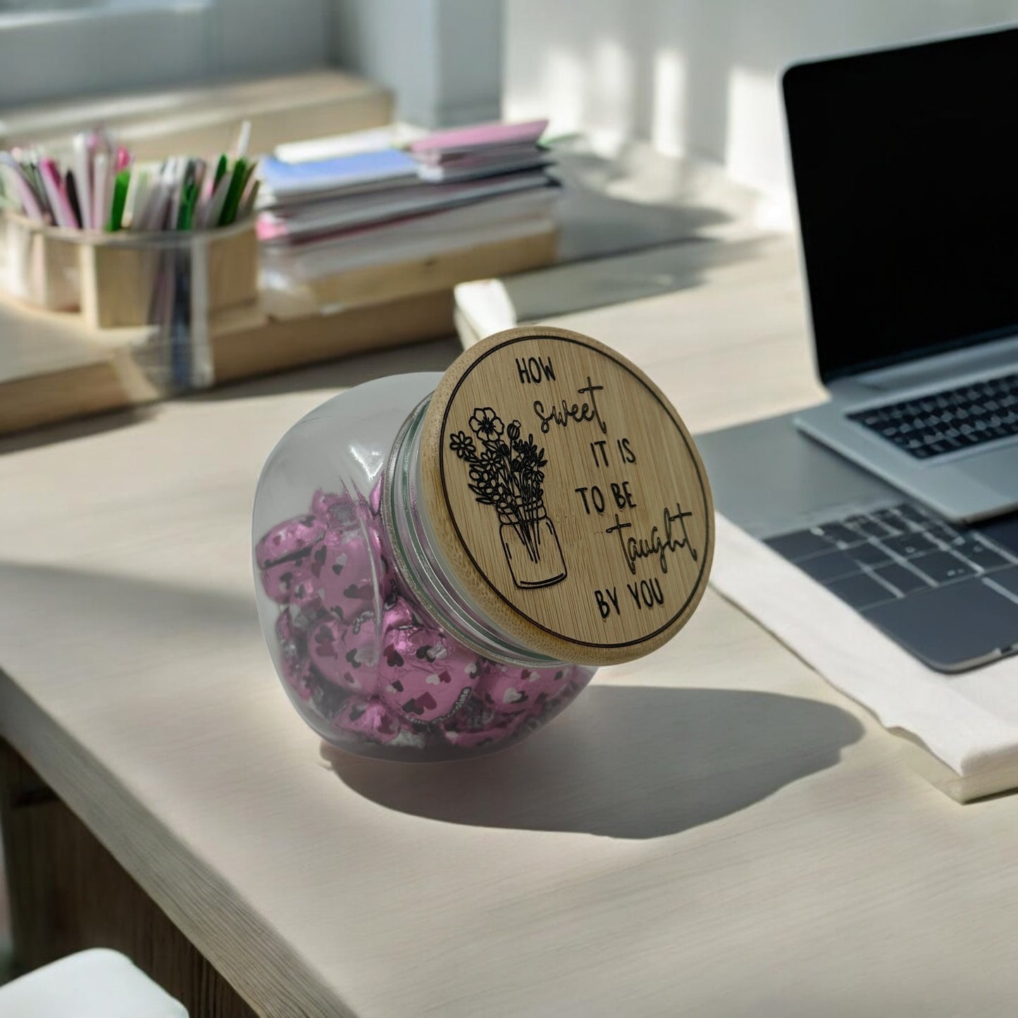 Teachers Gift Glass Candy Jar with Engraved Wooden Lid, "How Sweet It Is to Be Taught by You," End of Year Appreciation Gift