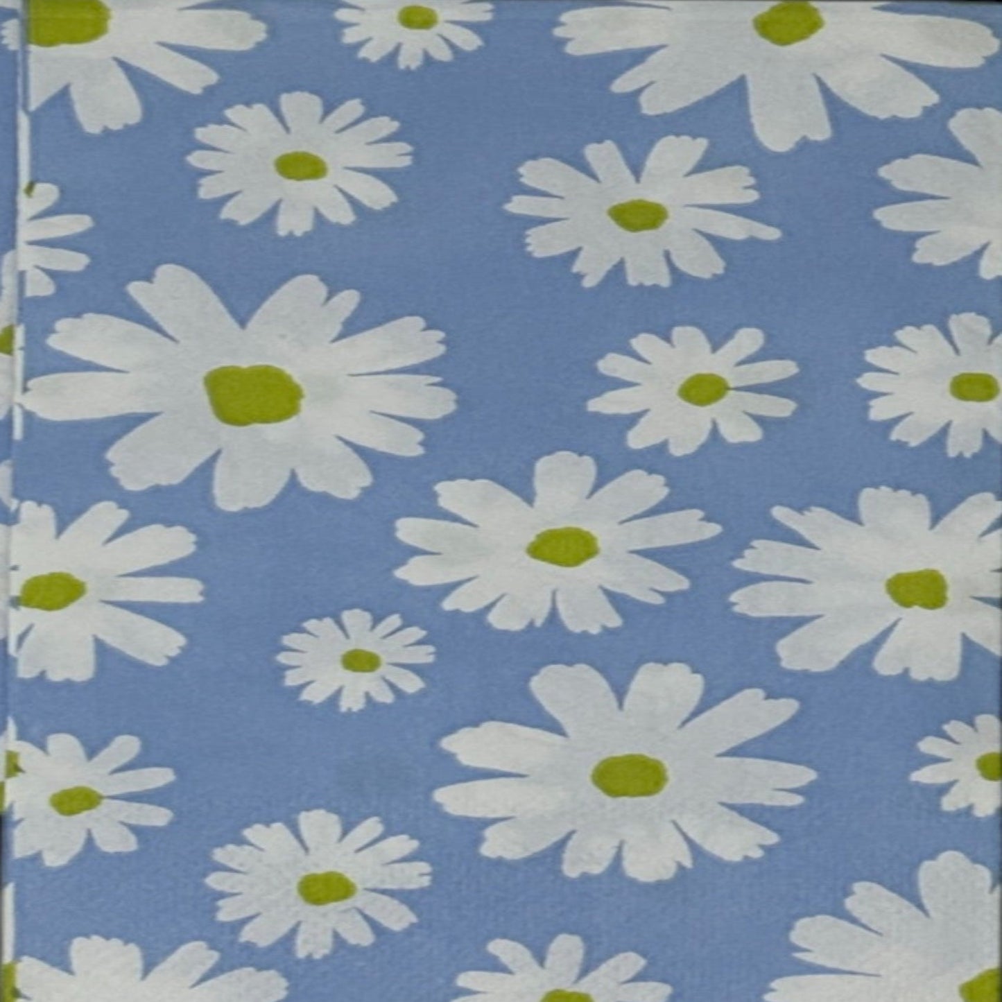 Two guest size decoupage napkins featuring bold scattered white daisy blooms with bright chartreuse green centers on a soft periwinkle blue background set of 2