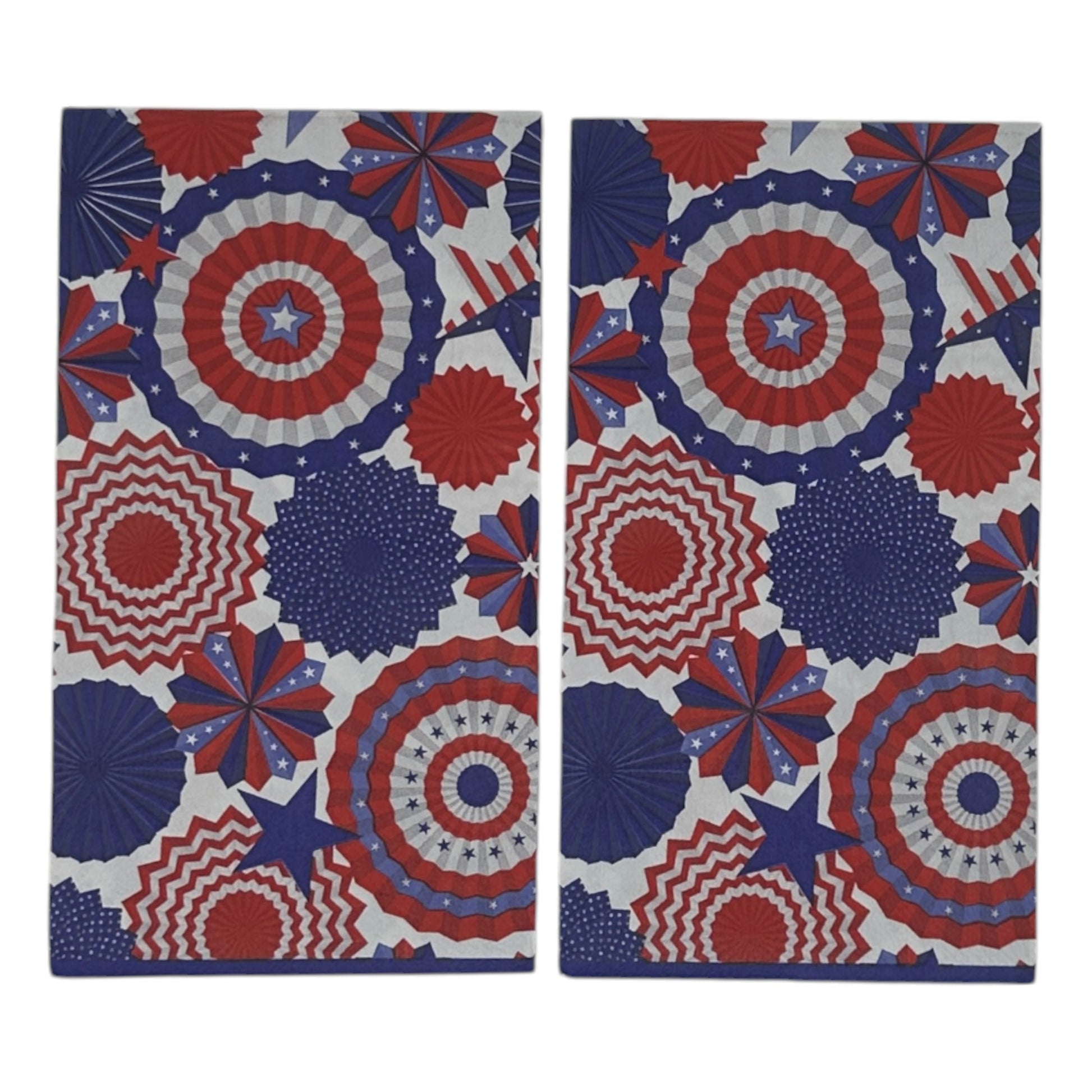 
Two guest size decoupage napkins featuring bold overlapping patriotic pinwheel rosettes and medallions in deep navy blue red and white with scattered stars and chevron details set of 2
